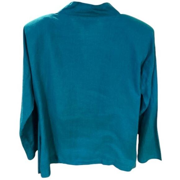 Vintage FLAX Jeanne Engelhart Emerald Linen 3/4 Sleeve Shoulder Pad Boho MEDIUM - Picture 2 of 12